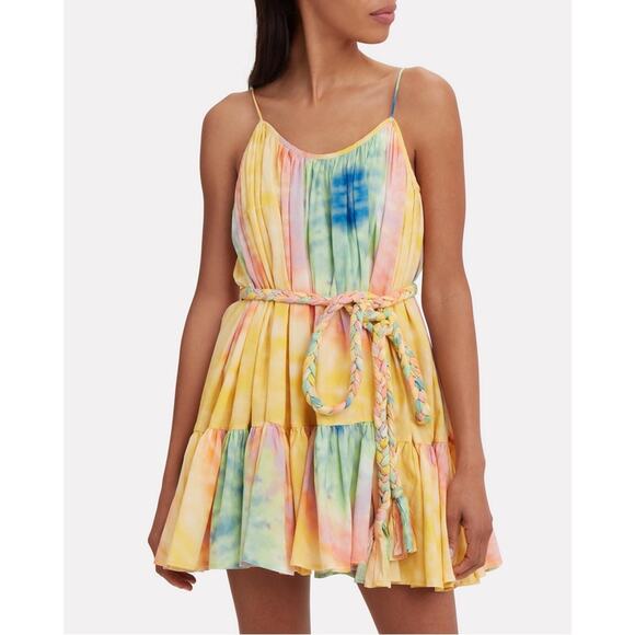 Nwot RHODE Dress L Yellow Watercolor Tie-Dye A-Line Tiered Ruched Straps Cotton